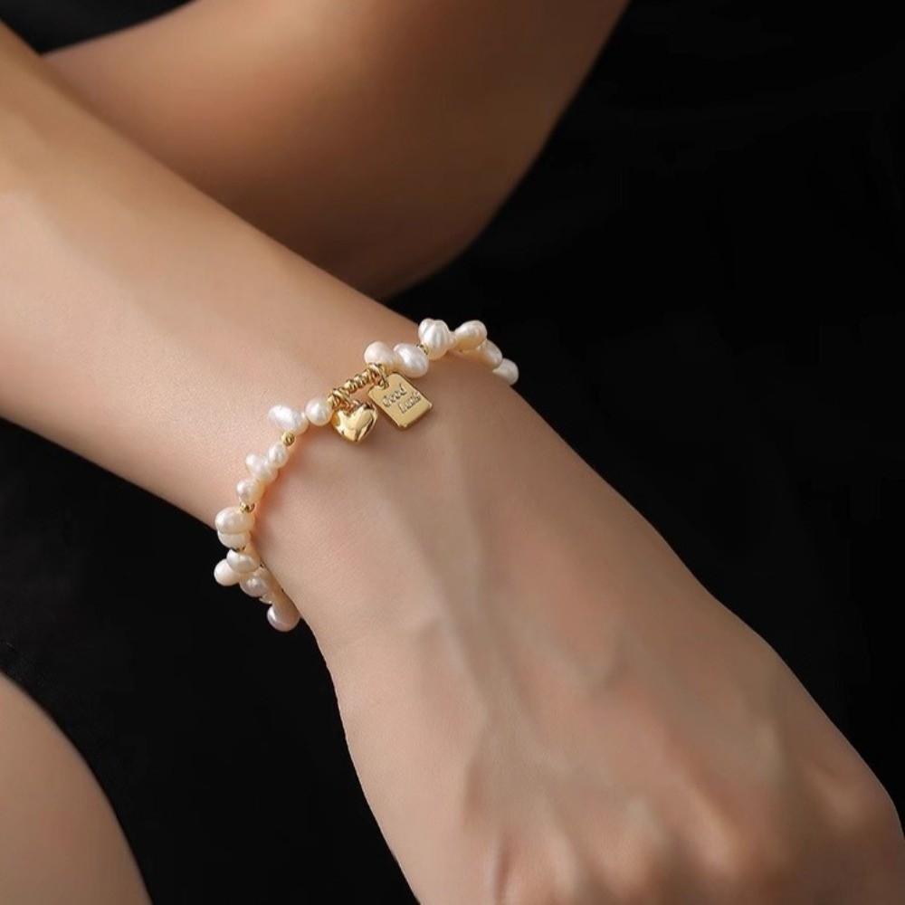 Non-Fading Heart Charm Bracelet Irregular Imitation Pearl Lucky Bracelet  Versatile Jewelry