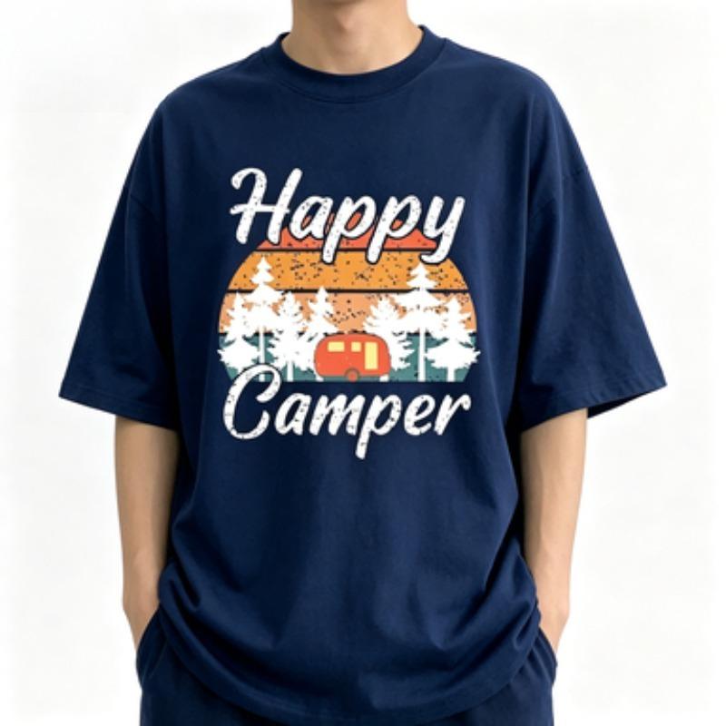 Retro Sunset Pine Tree Camper Van Print Unisex Cotton Tshirt Happy Camper Camping Short Sleeve Male Tops