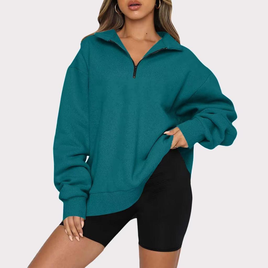 Women's Half-Zip Fleece-Lined Sweatshirt: European and American Autumn/Winter Casual Long Sleeve Top