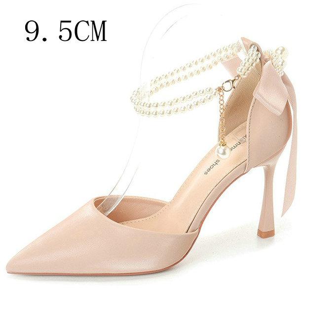 Fashion 2025 New Hollow Head High Heel Sandals Pearl Slim Heels Senior Sense Nude Nightclub Shoes Women