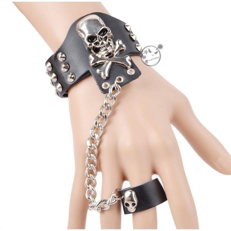 

Youth Korean Half Finger Men s and Women s Thunder Street Dance Non-Mainstream Stylish Performance Black Punk Skull Chain Retro Gloves Ghost head bracelet (no gloves)