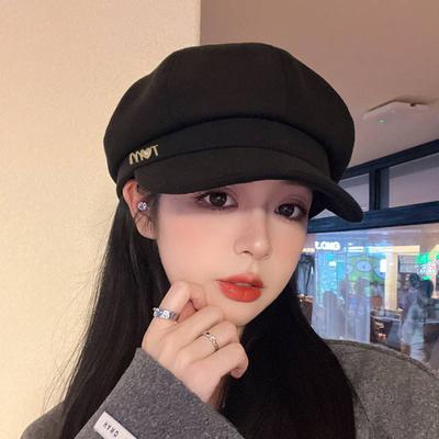 Fashion New Hat for Women Showing Their Faces Small Black Octagonal Hat  Korean Style Autumn and Winter Versatile Painter Hat Duck Tongue Beret Trendy