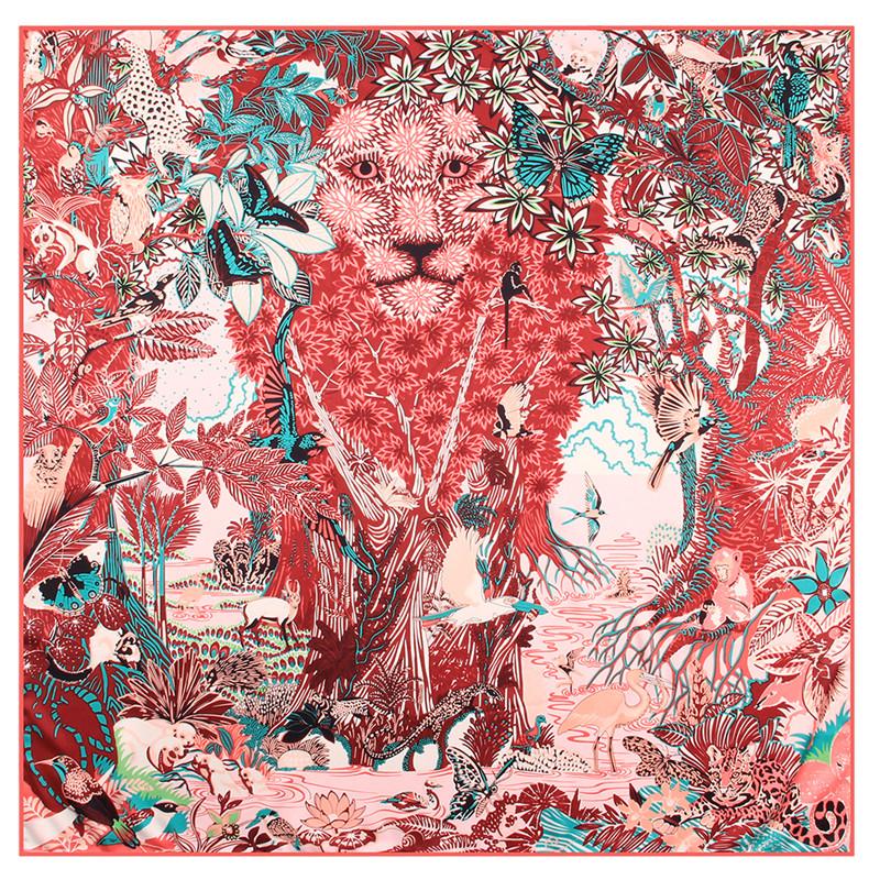 90Cm Manual Hand Rolled Twill Silk Scarf Women Foreast Animals Print Square Scarves Echarpes Foulards Femme Wrap Bandana Hijab