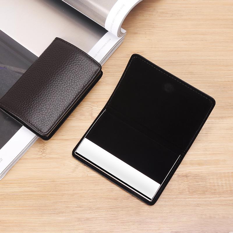 Business Card Holder Stainless Steel Magnetic Leather ID Case Corporate Gift for Men Women