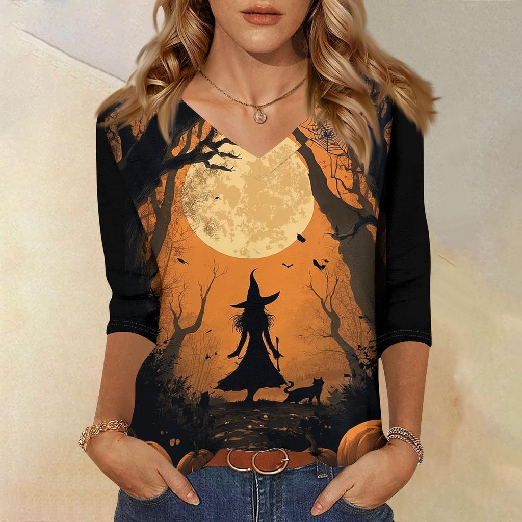 Women's Three-Quarter Sleeve V-Neck Top with Halloween Print for Casual