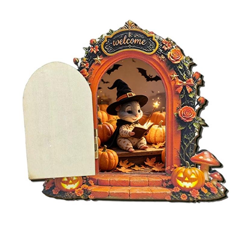 Wooden Indoor Halloween Arched Door Plaque Two Layer Sign with Round Adhesive Mounts for Party Entry Accent Use