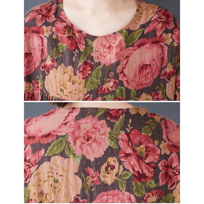 DIMANAF 2025 Summer Women Plus Size Vintage Long Dress Short Sleeve Casual Basic Floral Printing Loose Dress
