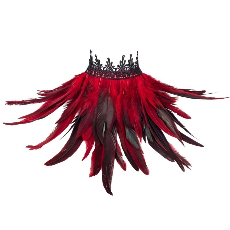 Feather Costume Neck Accessory with Lace Trim, Cosplay Capes Shoulder Wrap, Gothic Pull-On Collar for Party Photos and Stage Styling Appeal