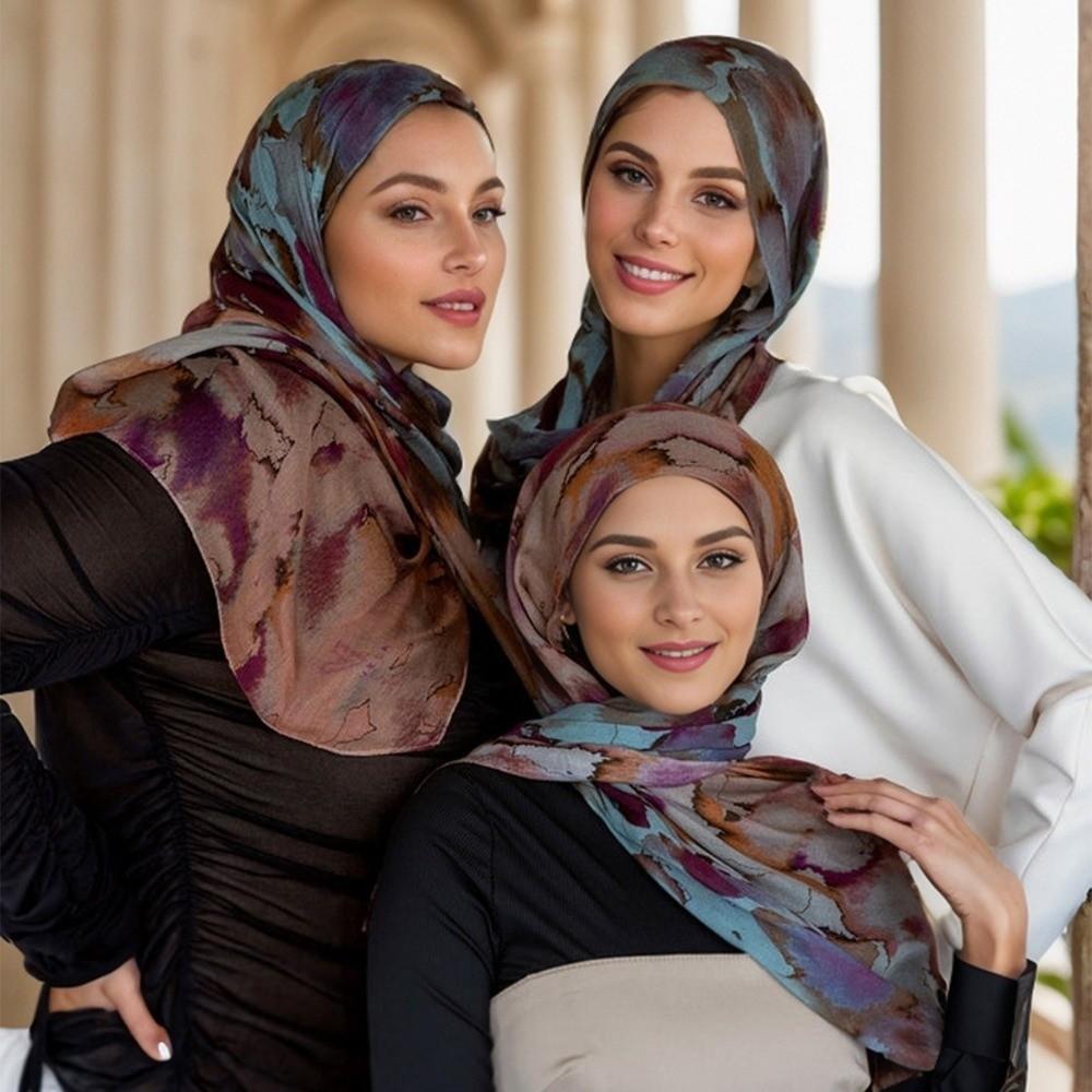 Ethnic Watercolor Painting Scarf Breathable Tie-dyed Scarf Colorful Satin Scarf  Head Wear