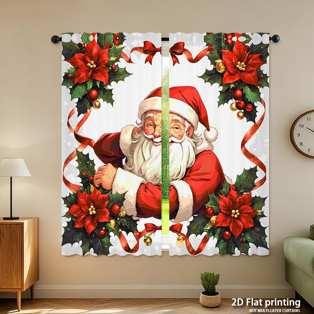 Piece Set High Definition Digital Printed Curtainschristmassantaredhollyflowersribbonhome Decoration Style Curtains Made Of Polyester