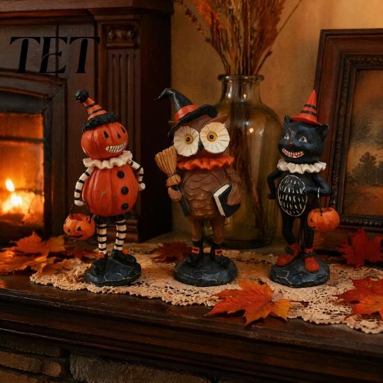 Holiday Fireplace Mantel Decor Wooden Halloween Resin Figurines, Pumpkin Scarecrow Wizard Owl Black Cat Atmospheric Festival Ornaments Statue, Rustic
