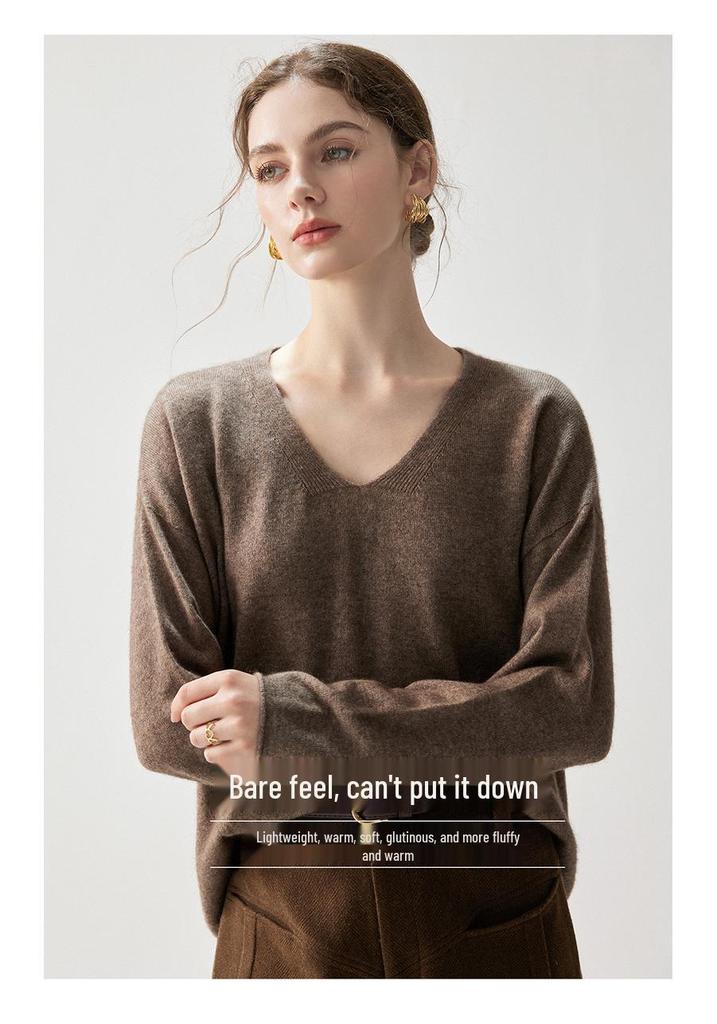Autumn 2026 Women's Cashmere V-Neck Sweater – Elegant Solid Color, Rolled Hem, Loose Fit, Slimming, Warm Base Layer.