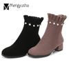 Fashion 41 42 43 Big size women winter booties suede leather ruffles short snow boots girls pearl decorate mid-calf plush botas shoes