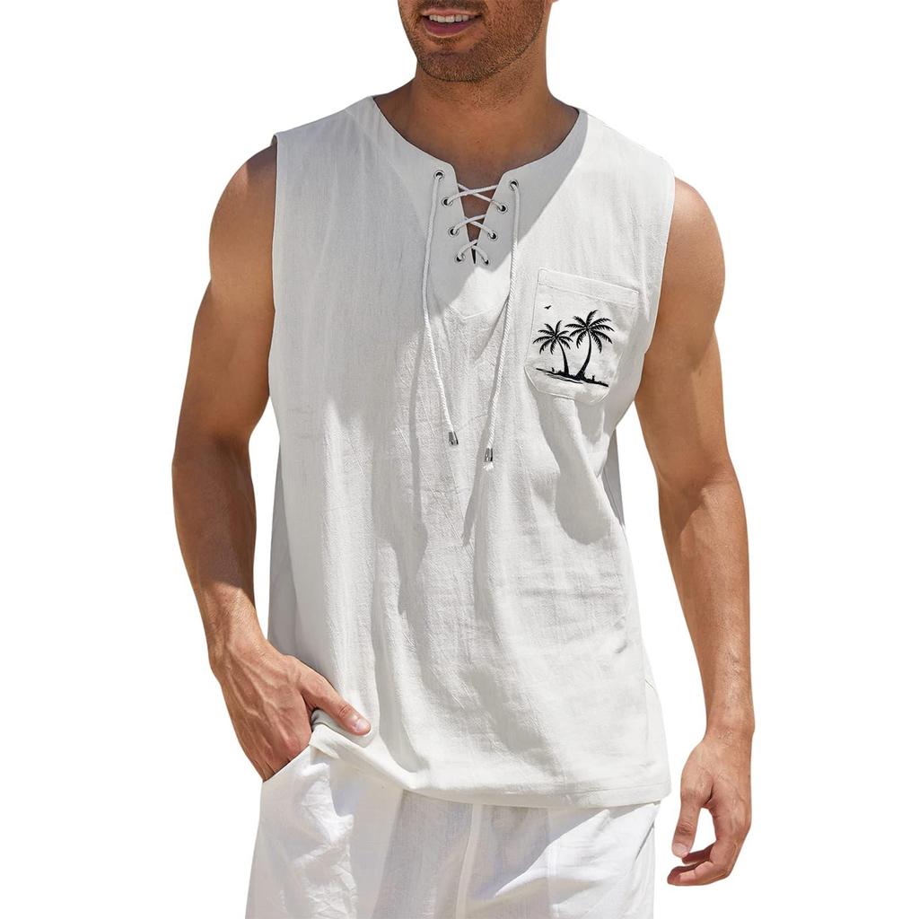 Men's Hawaiian Print Tank Top - Loose Fit Sleeveless Vest with Adjustable Tie for Casual Sports