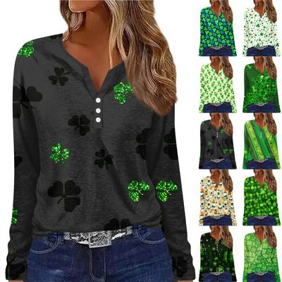 Women's T Shirt Tee Button Long Sleeve St. Patrick's Day Print Daily Weekend Fashion Basic V- Neck Regular Top