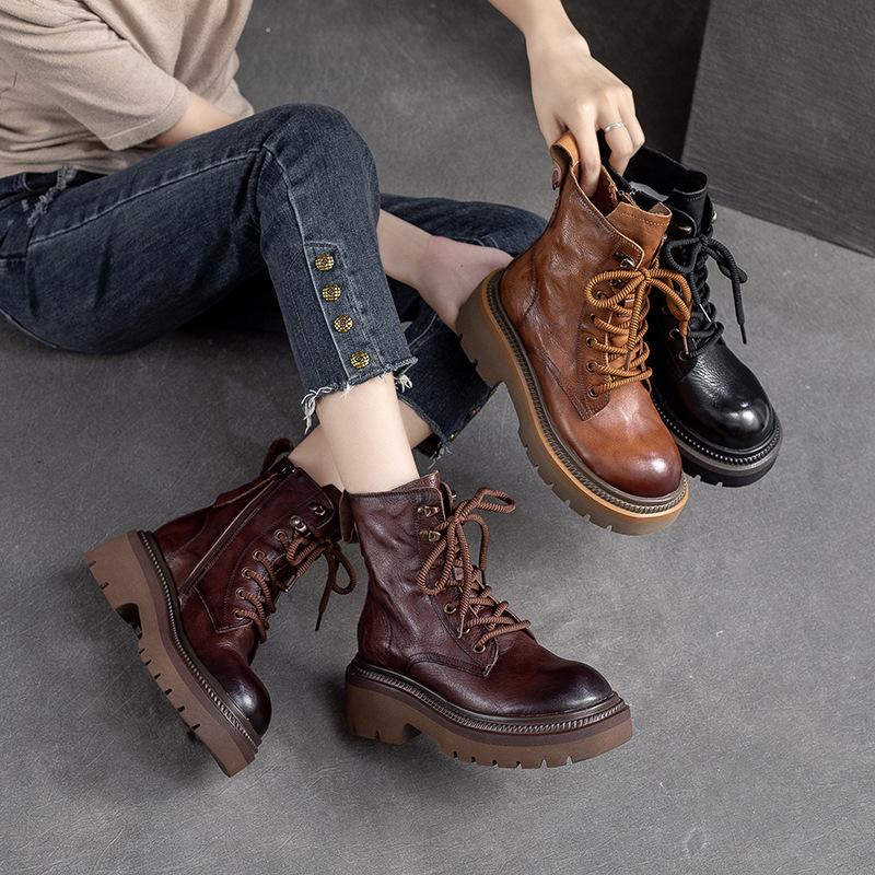 Autumn Winter Genuine Leather Platform Martin Boots for Women Distressed Finish Chunky Sole Side Zipper Ankle Boots