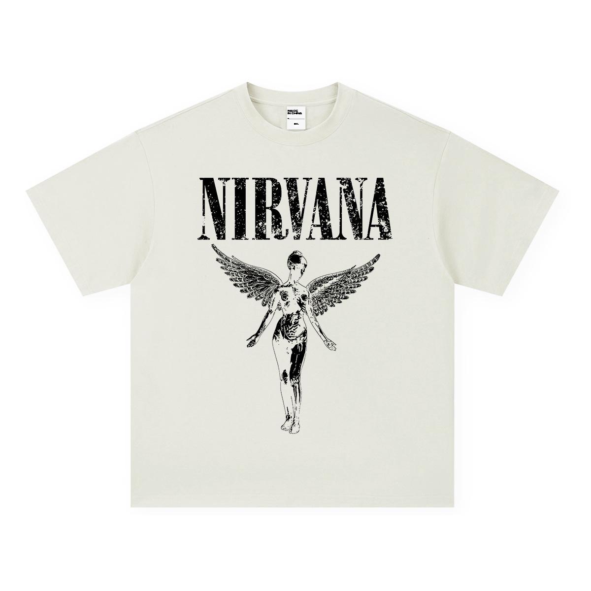 NIRVANA Retro Men s Heavyweight Loose Fit Five-Sleeve Summer Print T-shirt L