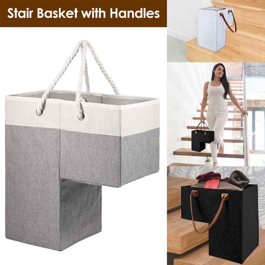 L-Shape Stair Basket Organizer, Large Stair Tidy Basket Storage With Leather Handles, Fabric Staircase Storage Organizer, Space Saving Stair Step Bin