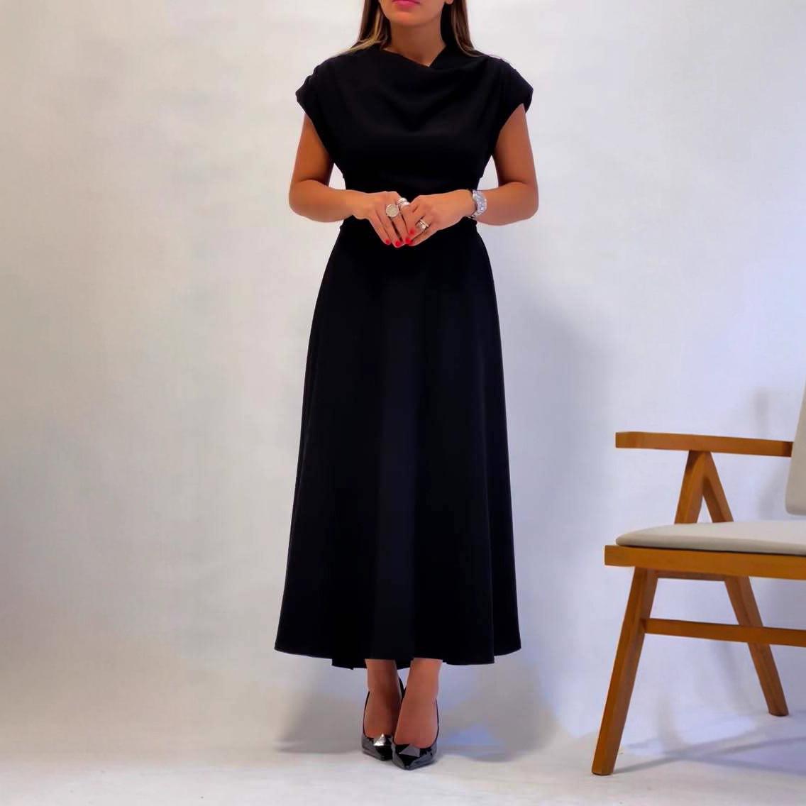 

Лето 2025 Европейское и американское женское элегантное платье с драпированным вырезом, открытой спиной, сексуальное, стройнящее M чёрный