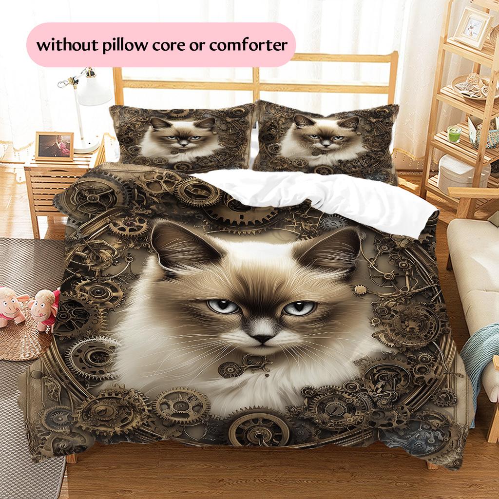 Gear Cat Pattern Bedding Quilt Set Quilt Cover Pillowcase Home Decoration Gift (1 * duvet cover + 2 * pillowcase, without core)