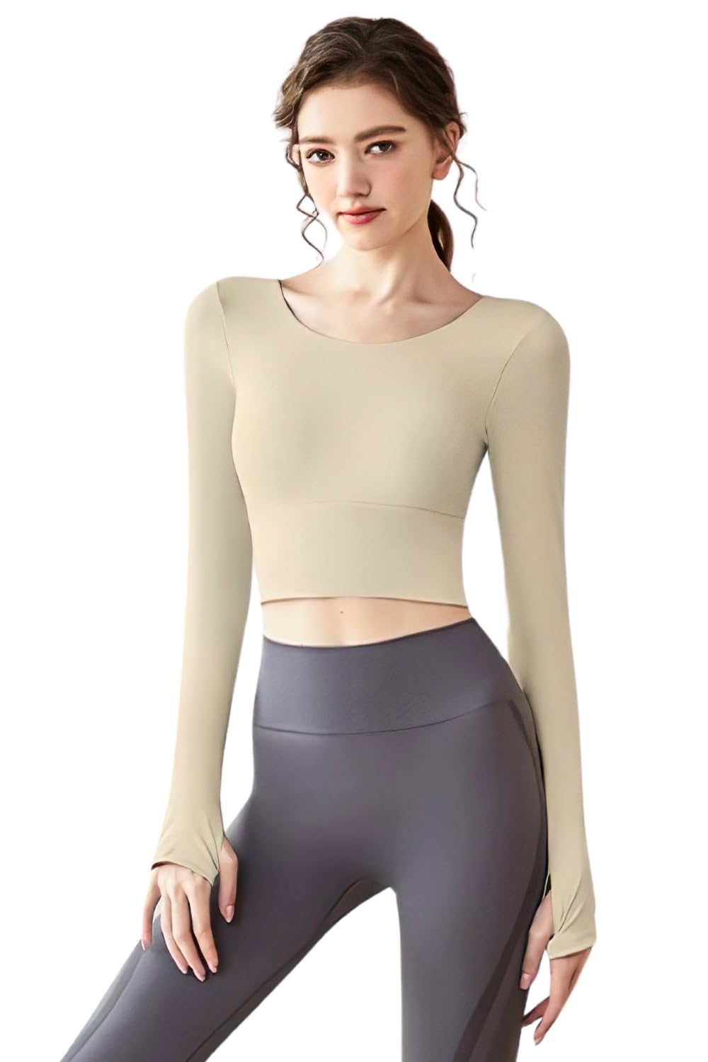 

VEROMAN Yoga Long Short Size Top, Sleeves, Cupped, Length, ppi-lse039 (Beige, S)