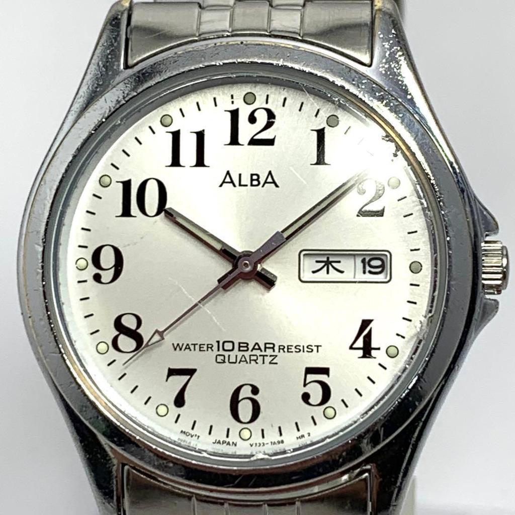 Used 638 Working Item Battery Replaced SEIKO ALBA SEIKO ALBA WATER 10BAR Men's Watch Quartz 3 Hand Calendar Day Date Popular Rare V733-7A70