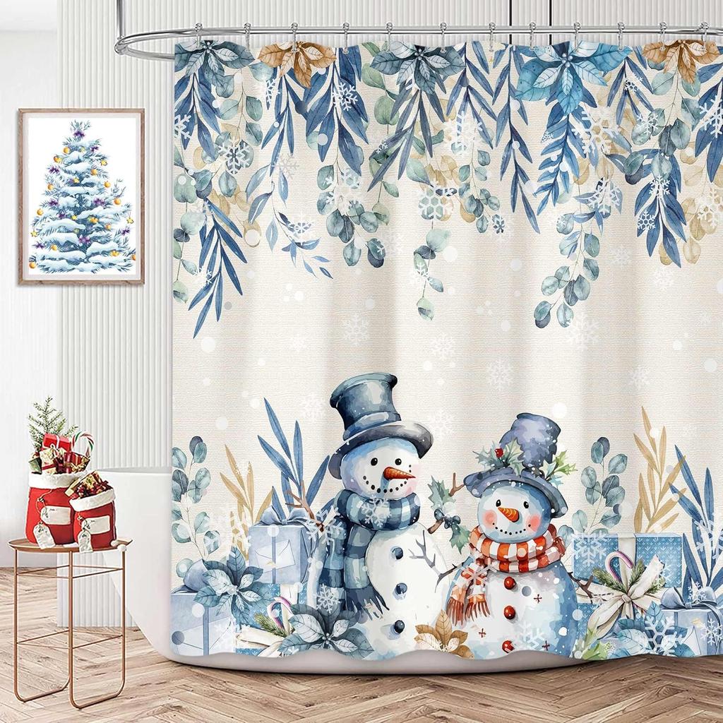 Winter Christmas Shower Curtain,Holiday Blue Snowman Bath Curtain Xmas Gift,Eucalyptus Leaf Flower Floral Bathroom Accessories
