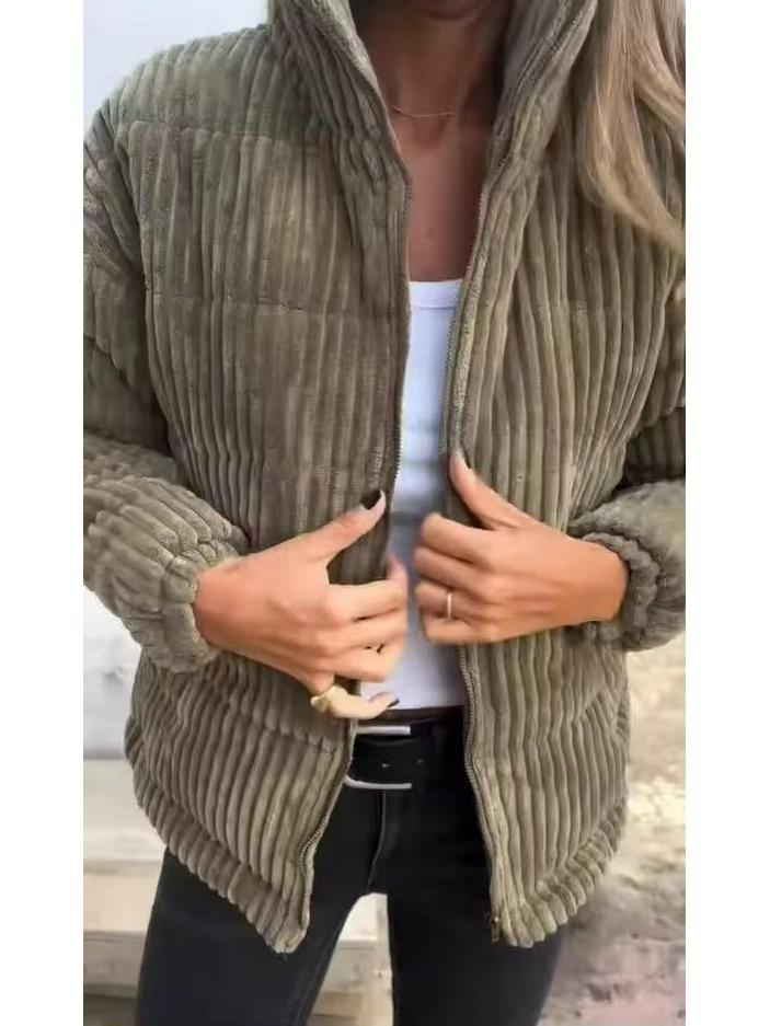 Women's Autumn/Winter Corduroy Stand-Up Collar Jacket with Long Sleeves & Pockets