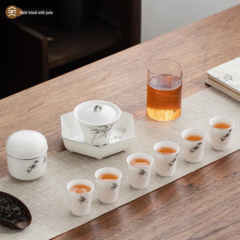 Mutton-Fat Jade Porcelain Zisha Tea Set with Bamboo Design