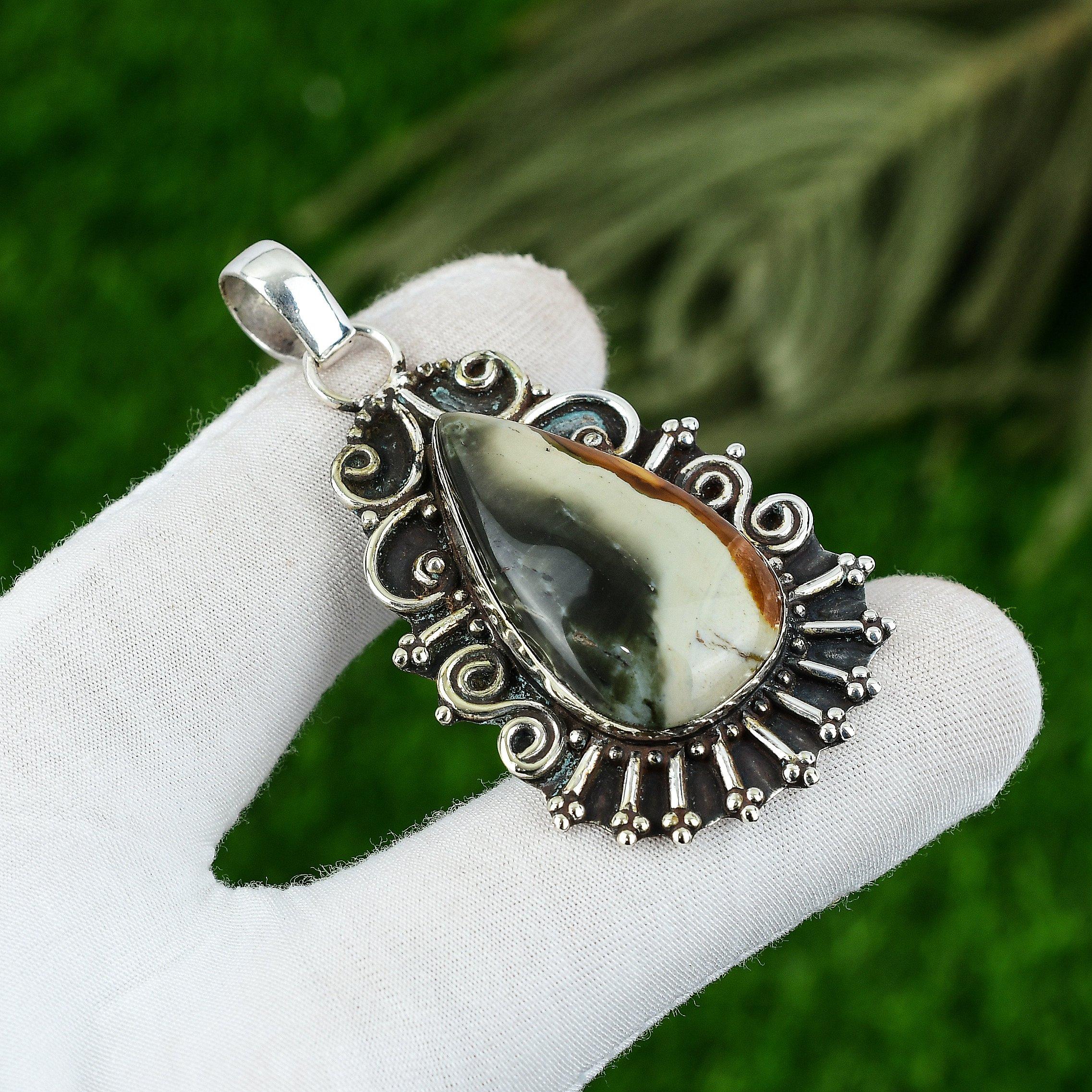 

925 Sterling Silver Pear Natural Polychrome Jasper Engagement Pendant Jewelry