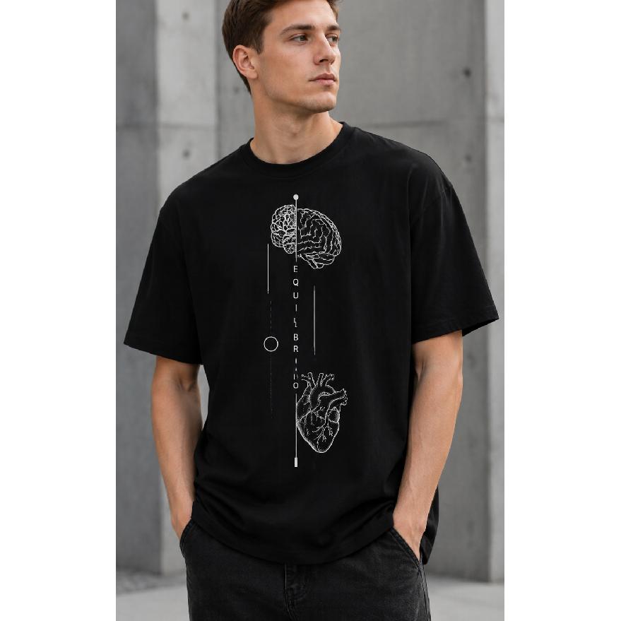 Men's Black Short Sleeve Crew Neck T-shirt with Brain and Heart Graphic Print, Relaxed Fit Soft Cotton Blend for Casual Daily Wear