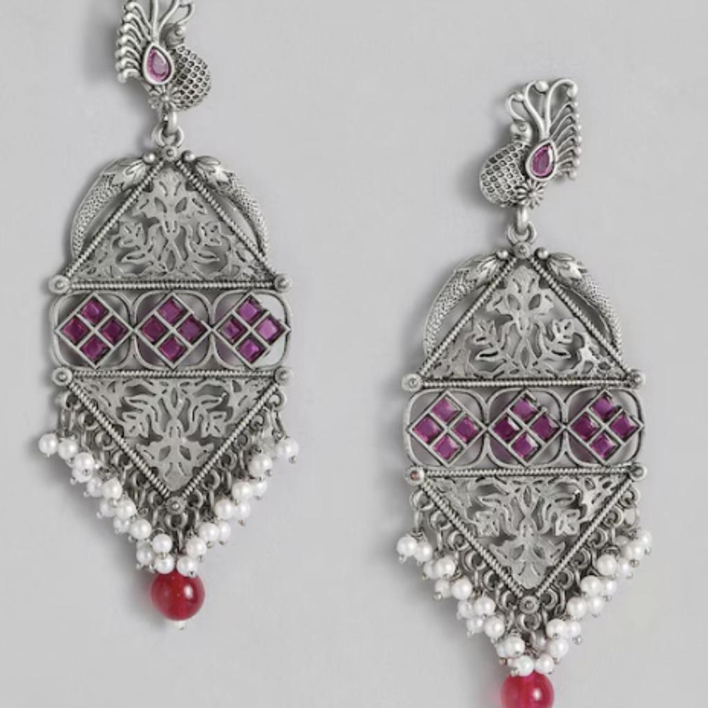 Oxidised Silver Polish Earrings, Silver Pearl Jewelry, Handmade Earring, Women Fashion Earrings