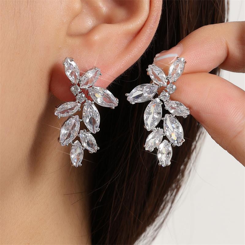 ZAKOL Luxury Leaf Marquise Zircon Bridal Earrings for Women White Shiny Crystal Elegant Wedding Party Zircon