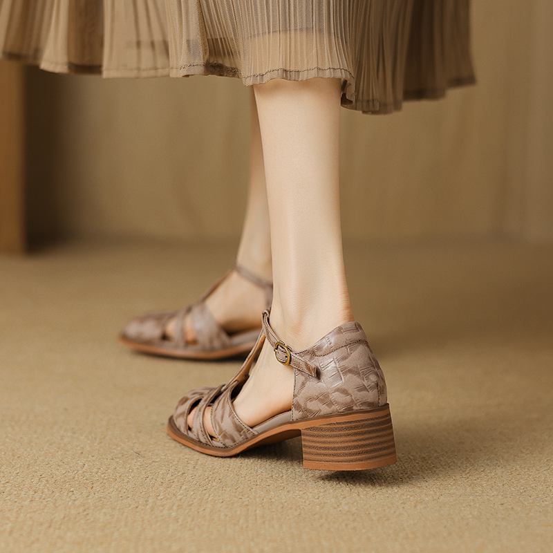 Krazing Pot Sheepskin Buckle Straps Round Toe Med Heels Autumn Summer Prints Leather Mary Janes Women Pumps