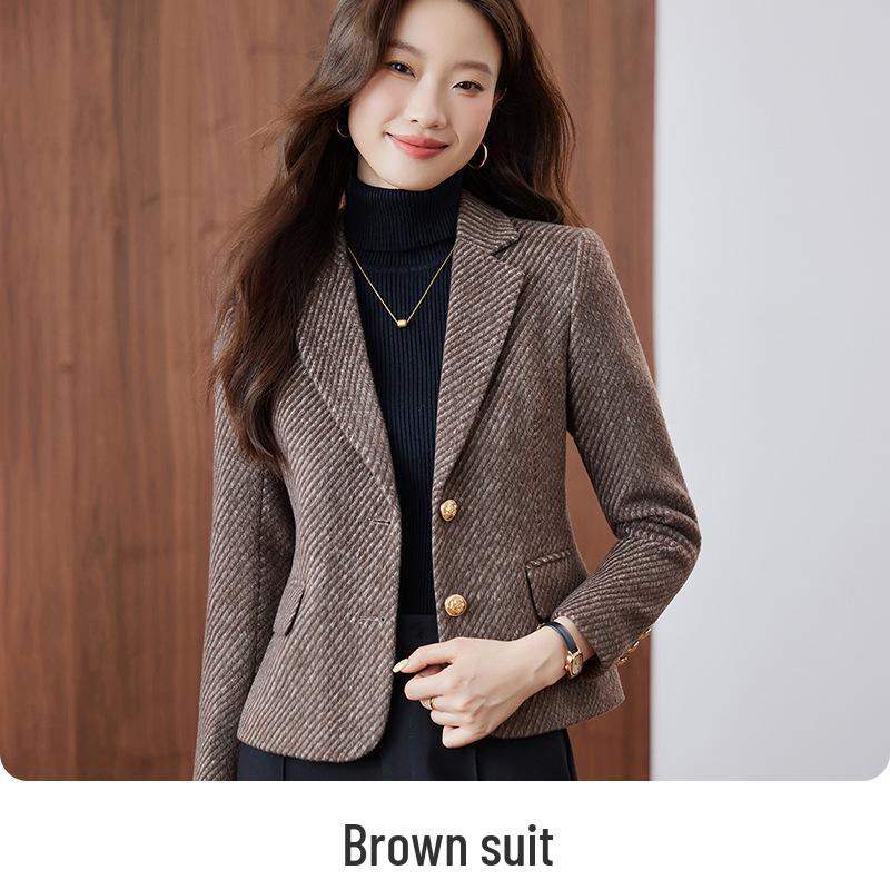 

Women s Khaki Striped Wool-Blend Blazer - Slim Fit, Autumn/Winter 2025 Small