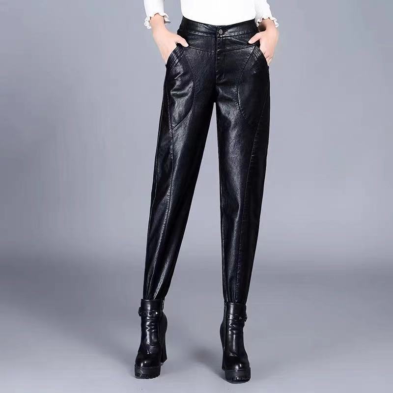 

Женские брюки из искусственной кожи, новинка 2022 года, осенние брюки с высокой талией, узкие брюки-карандаш из искусственной кожи с карманами, узкие брюки Харлан черного цвета L