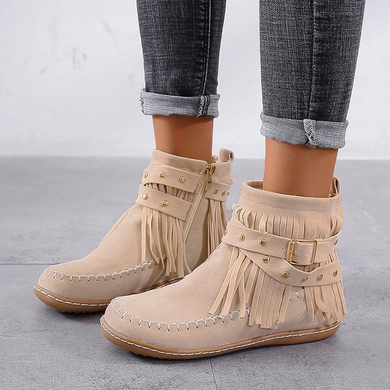 Women Comfortable Zip Tassels Ankle Boots Women Designer Retro Outdoor Flat Short Boots Spring Autumn  New Shoes for Women