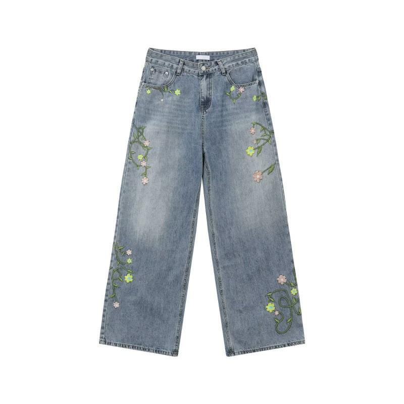 Mens Embroidered Floral Denim Jeans Loose Straight Leg Casual Pants Mid-Rise Stretch Cotton 2025