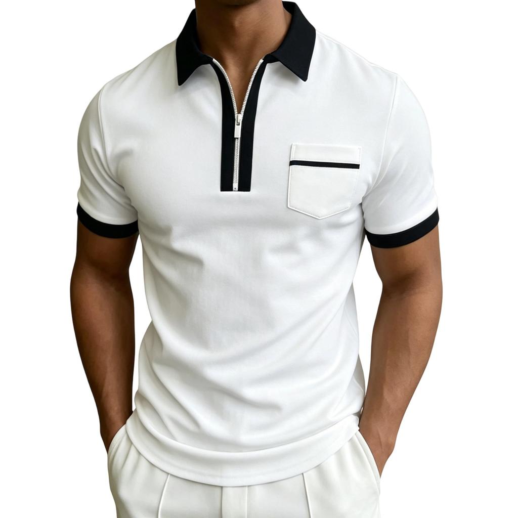 Men Polo Shirt Short Sleeve Zip Front Collar Pocket Design Slim Fit Casual Top for Everyday Wear