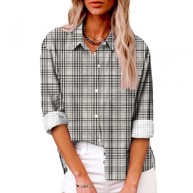 Womens Relaxed Fit Long Sleeve Shirt With 3D Digital Print Plaid Casual Cotton Linen Blouse