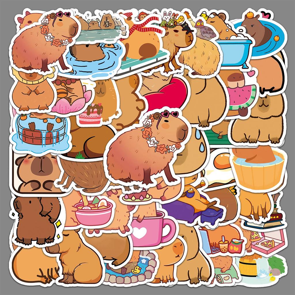 50 Capybara Cartoon Stickers - Cute Brown Capybara Guinea Pig Animal - Waterproof Decorative Stickers for Phone and Computer