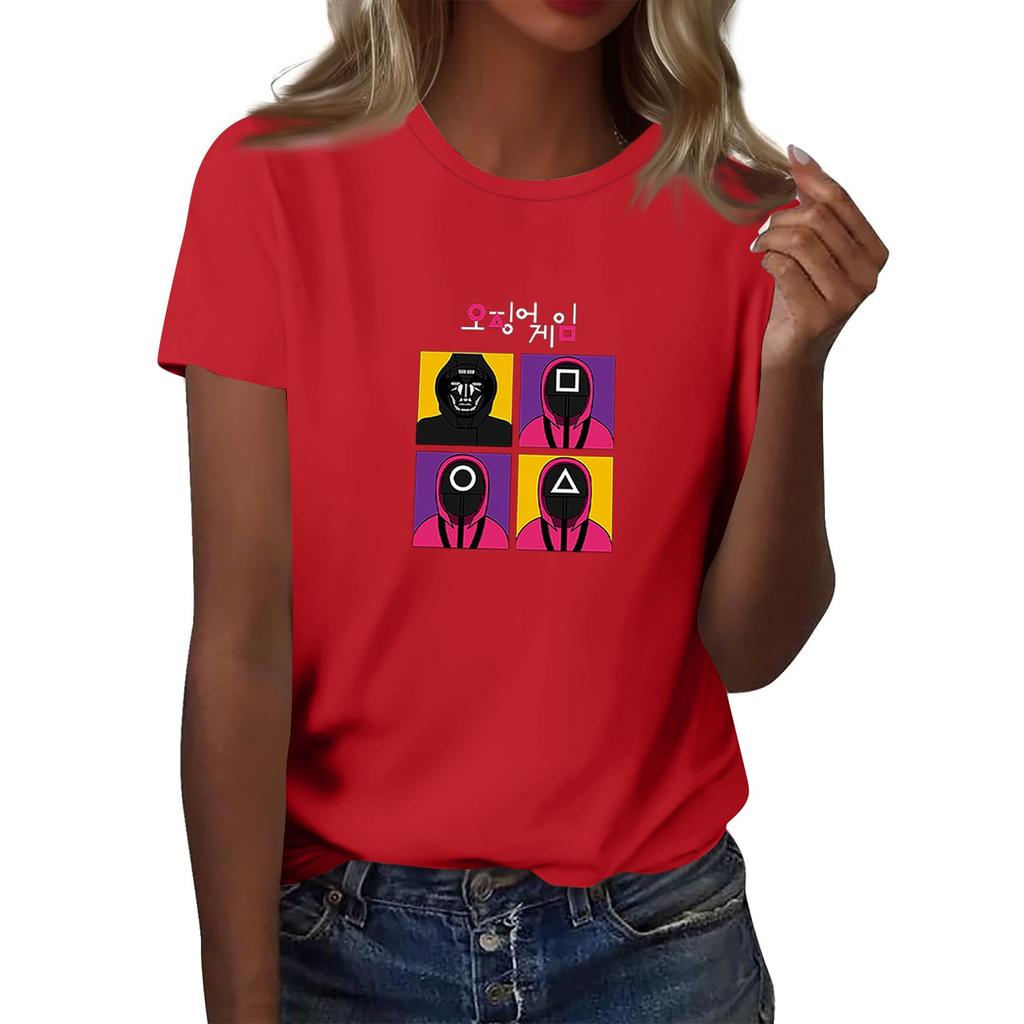 Damen Rundhals Bedrucktes Kurzarm T-Shirt Top