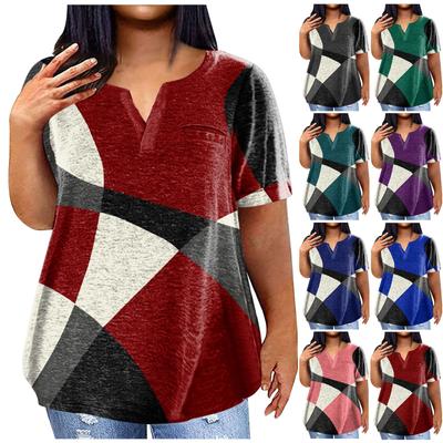 Women's Large T-shirt Summer Casual Print V-neck Short Sleeve Pocket Top