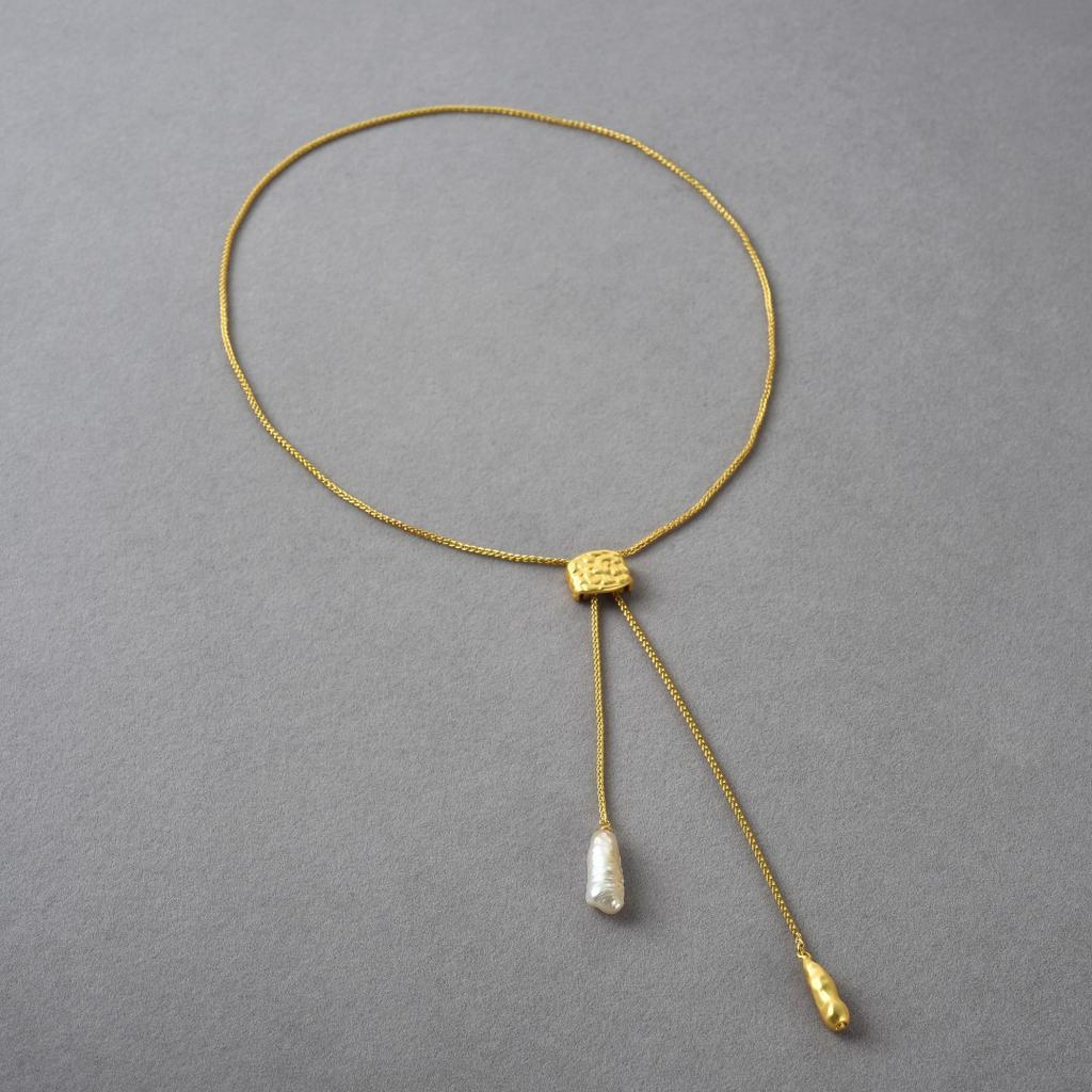 French Light Luxury Copper Plated 18K Real Gold Pull Adjustable Length Pearl Pendant Chain Minimalist Unique Necklace Women