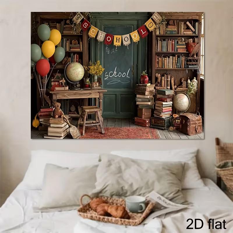 2D Flat Retro School Room Backdrop Vintage Book & Globe Photography Background