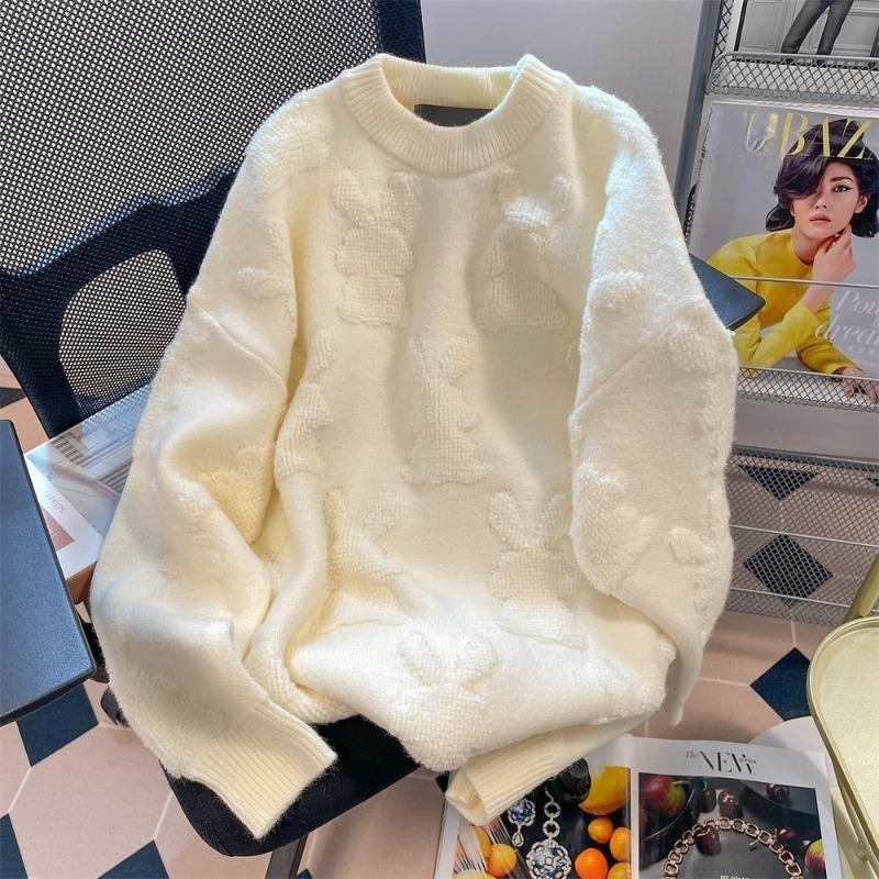 Plush Rabbit Women's Sweater Long Sleeved Round Neck Knitted Solid Color Pullover Autumn Loose Casual Korean Woman Top