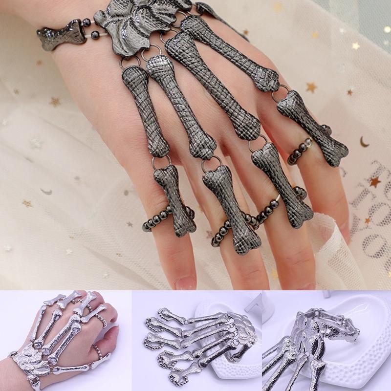 Punk Gothic Skull Bracelet Hand Bone Bangles Flexible Metal Bracelets for Women Men Nightclub Party Hip Hop Jewelry