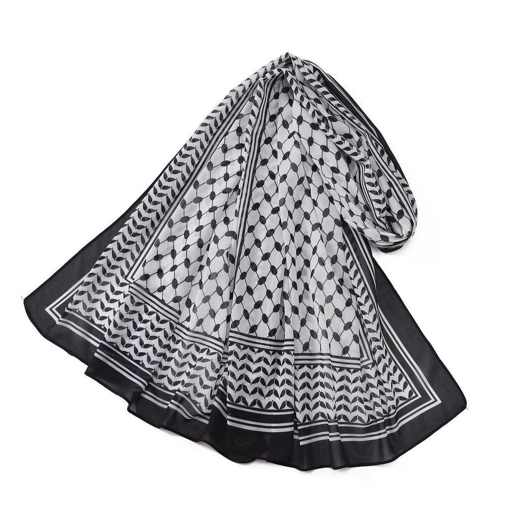 Arabic Pearl Chiffon Desert Hijab: Long Printed Silk Scarf & Sunscreen Headscarf