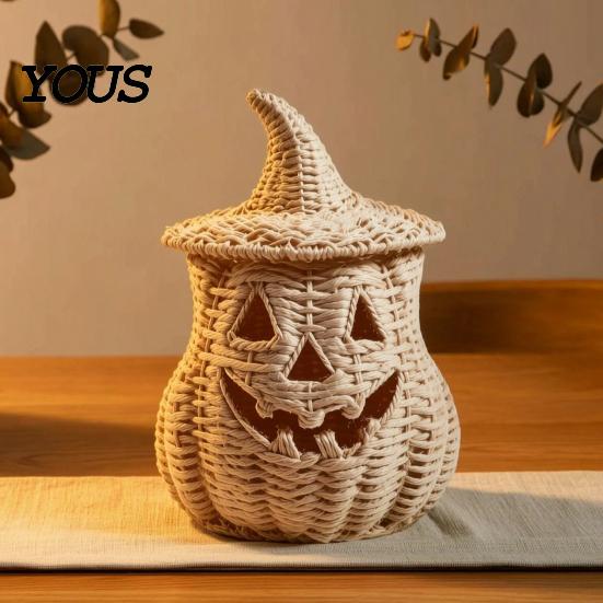 Halloween Mantel Decor Pumpkin Lantern Tabletop Decor, Woven Witch Hat Candy Bowl & LED Spooky Holiday Decorations Prop, Gothic Fall Centerpiece
