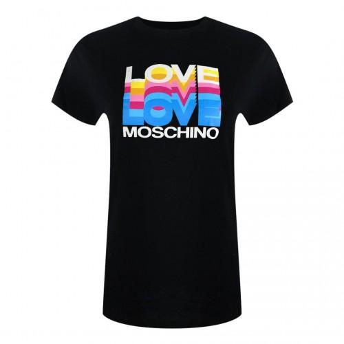 Love Moschino Damski Bawełniany Casualowy T-shirt z Warstwowym Logo